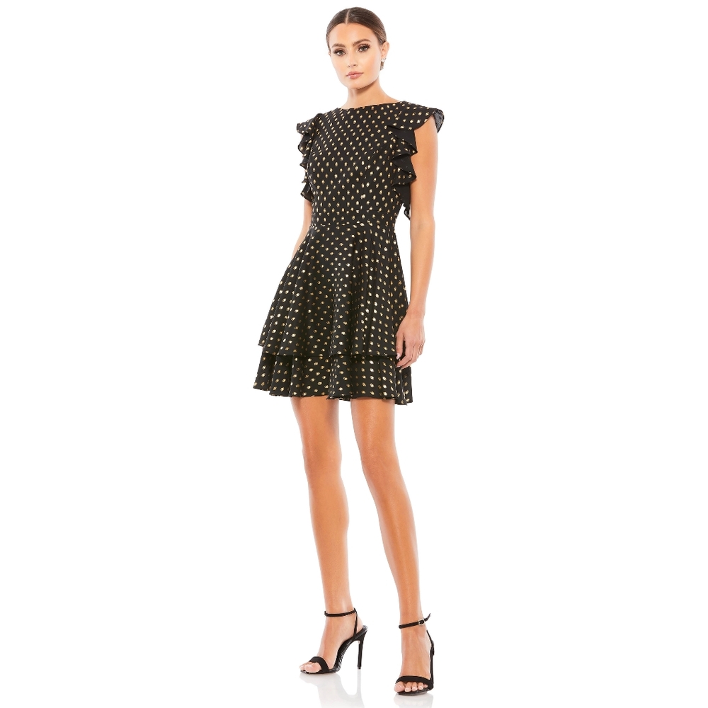Ieena for Mac Duggal Metallic Polka Dot Flutter Sleeve Mini Dress